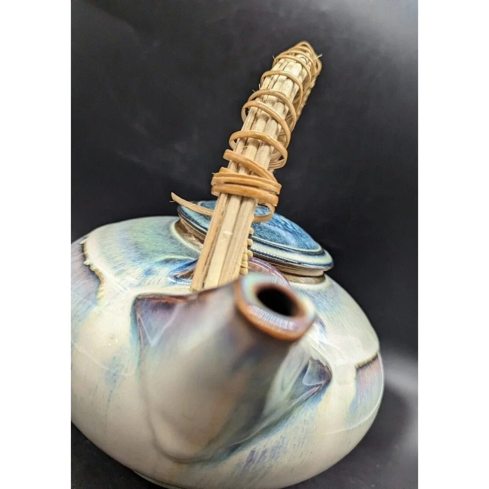 Bill Campbell Art Pottery Tea Pot Bamboo Handle 6‎ cup Blues Beige Unsigned